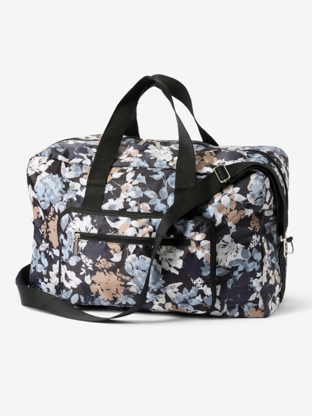 Woman Within Black Floral Print Travel Duffel with Beige and Light Blue Accents